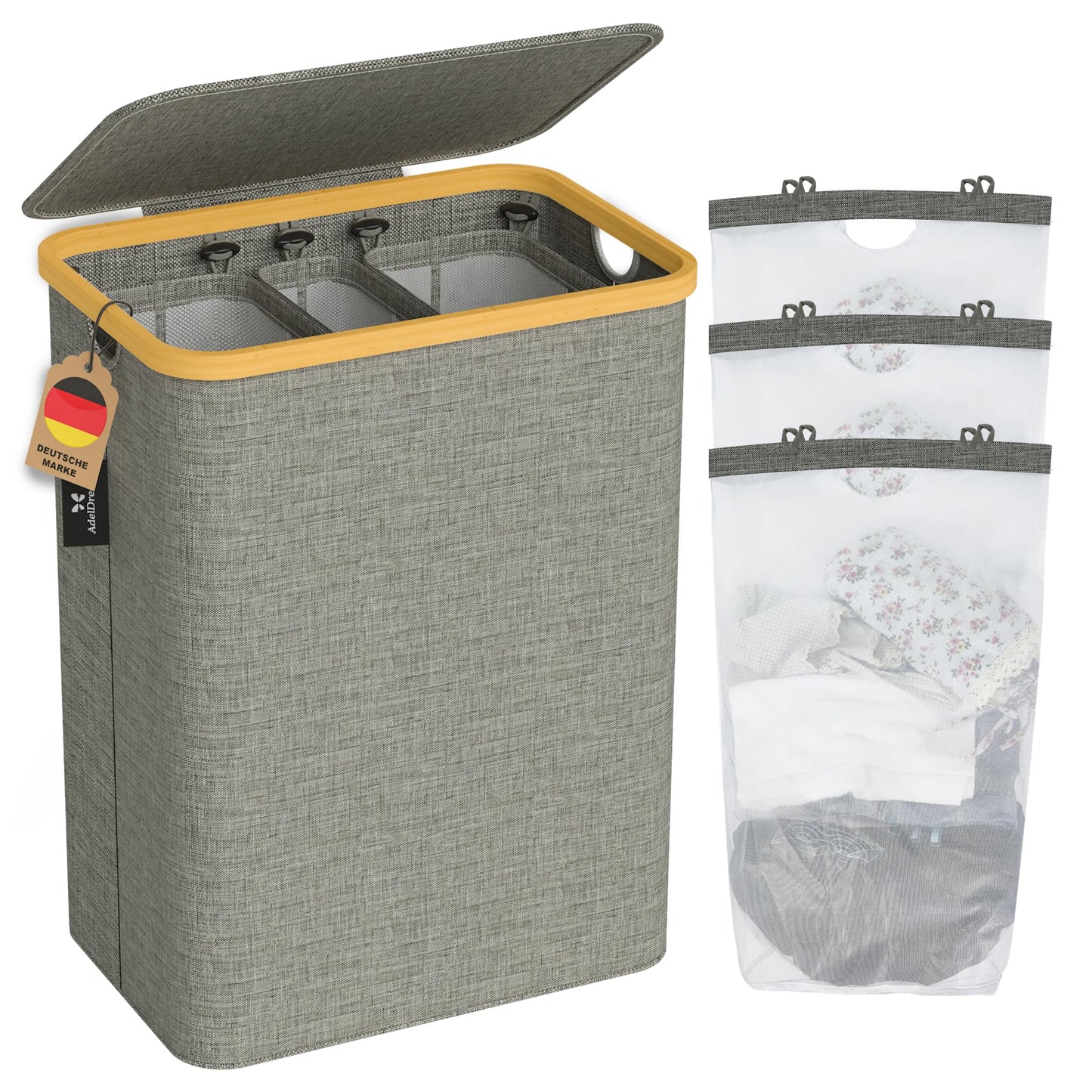 AdelDream 160L laundry basket with lid 3 compartments laundry hamper narrow laundry sorter laundry box laundry bin with lid laundry chest laundry baskets 160L Gray