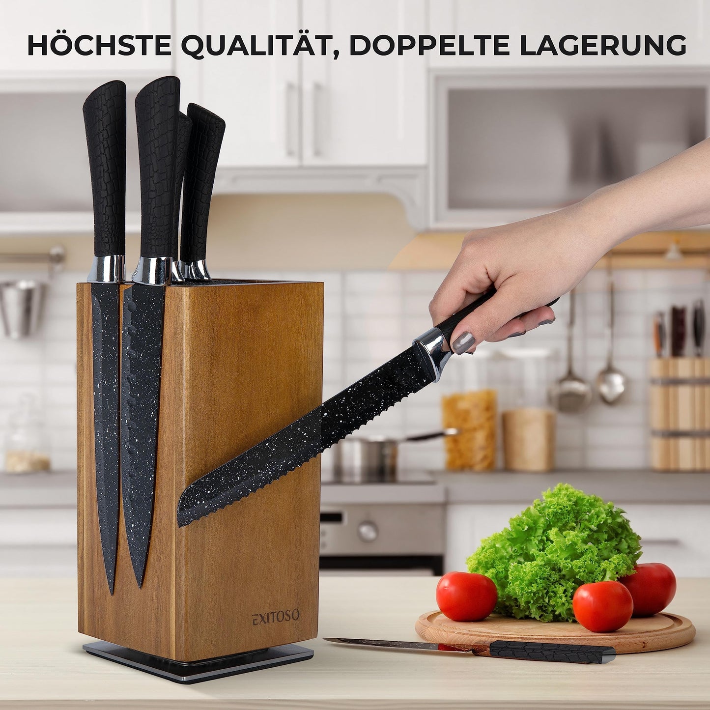 Successful NEW Acacia Knife Block, 360-degree Rotating with External Magnets & Removable Bristle Insert - Holds up to 20 knives | Secure Knife Storage Wooden Knife Block (knives not included)