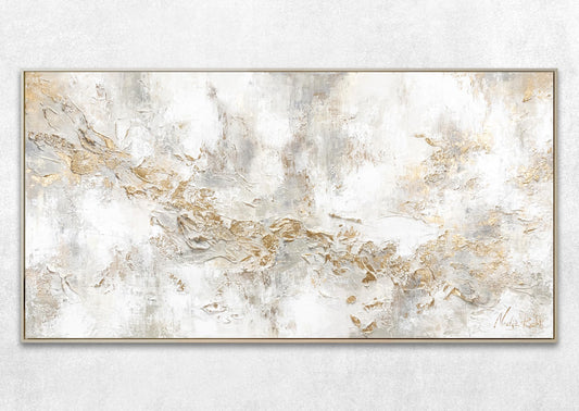 YS-Art Luxury Abstract Acrylic Painting on Canvas History Hand-painted Wall Art Living Room Modern Home Decor Office Gold Grey Beige Real Art with Frame 120x60 cm