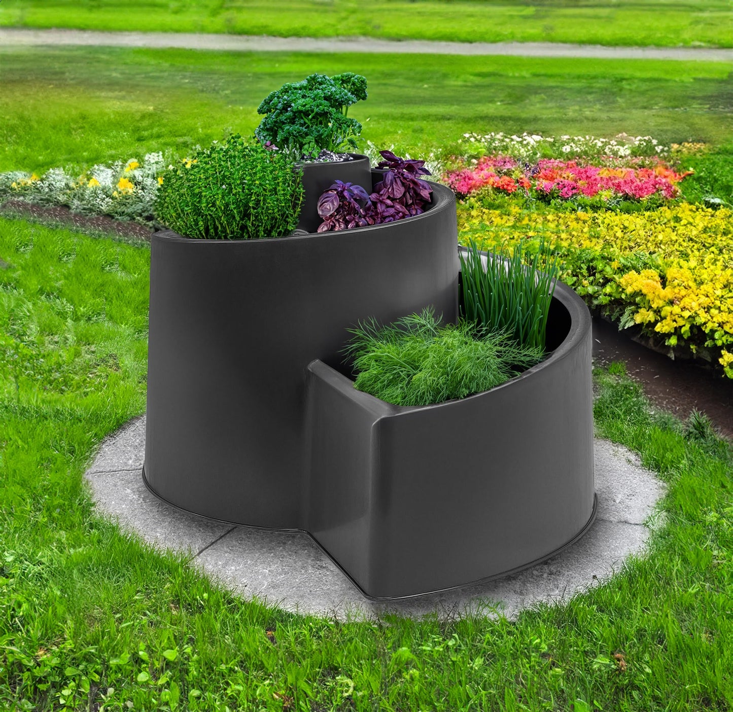 Spetebo Plastic Herb Spiral in anthracite - 52 x 43 cm - Round plant stand with 6 compartments - Garden decoration Flower snail Herb tower Plant spiral Herb bed Flower pot Plant pot