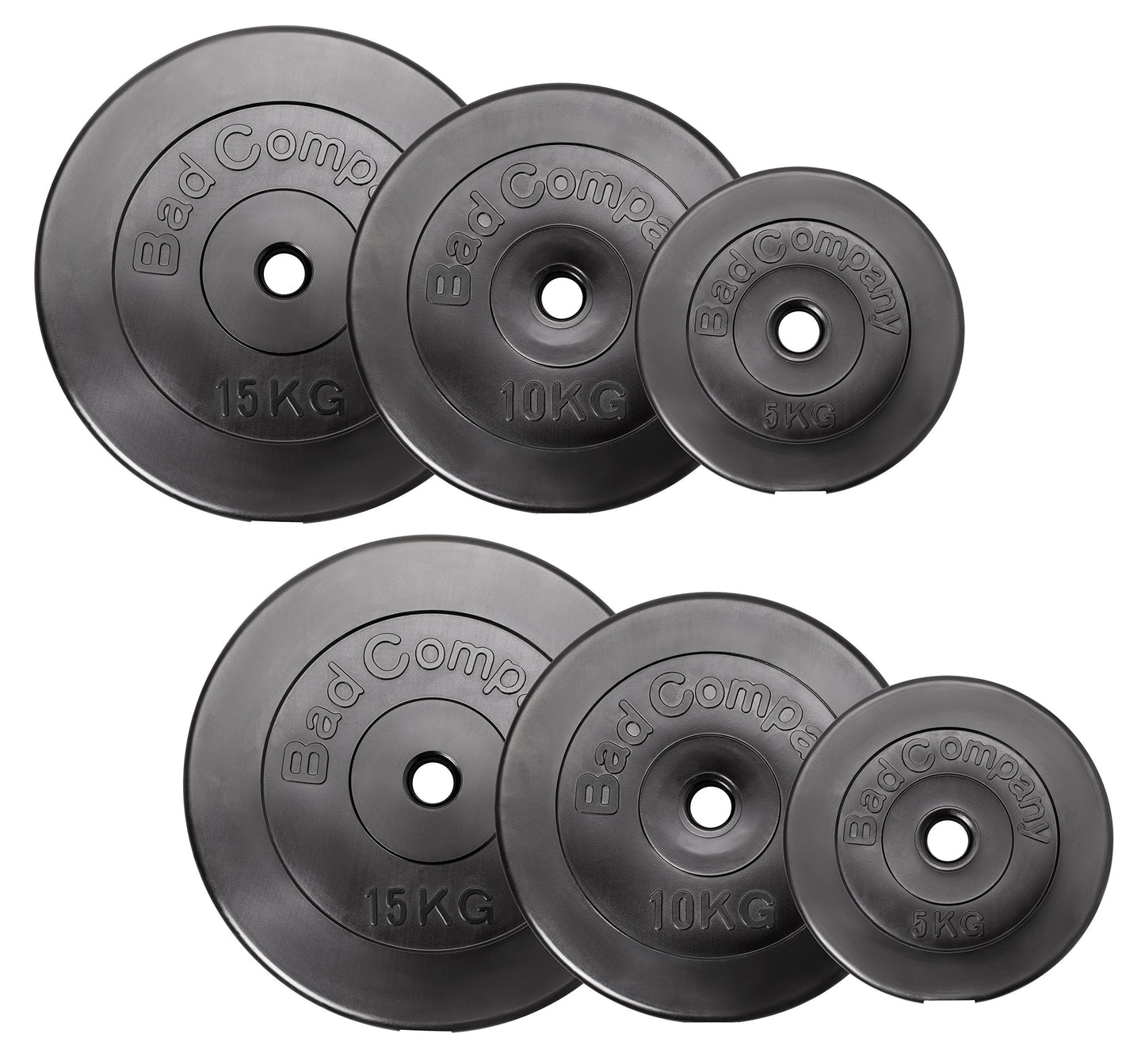 Bad Company weight plates 30/31 mm plastic 60kg I weight set 2 x 5 kg + 2 x 10 kg + 2 x 15 kg I weights for barbell and dumbbell.