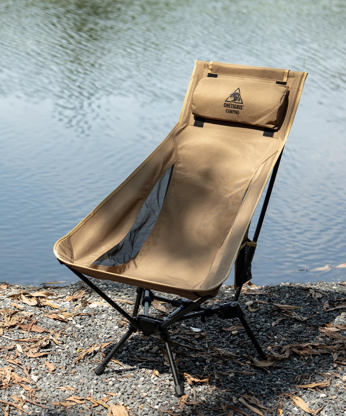 OneTigris TIGERBLADE camping chair high backrest foldable 170kg, folding camping chair light triangular frame, folding fishing chair with 2 side pockets, ultralight folding chair for outdoor, hiking (coyote brown)