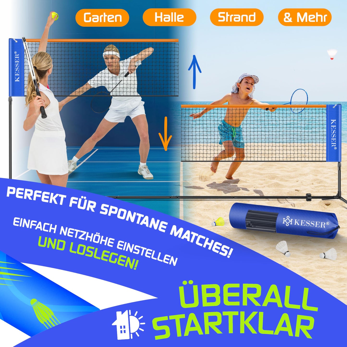 KESSER® Badminton Net Tennis Net | Badminton Net 3-Way Height Adjustable 107/120/155cm, sturdy frame, set with net, 3X shuttlecocks & 3X tennis balls, mounting accessories, carrying bag, indoor & outdoor