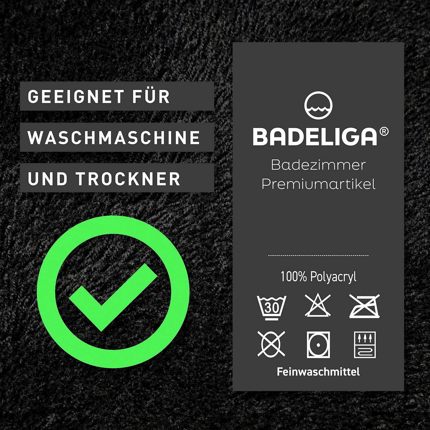 BADELIGA® corner shower mat, perfect mat for square shower enclosures. Extremely fluffy, non-slip & washable. Dryer-safe. Bath mat, bath rug with corner cutout 50 x 100 x 100 cm in black.