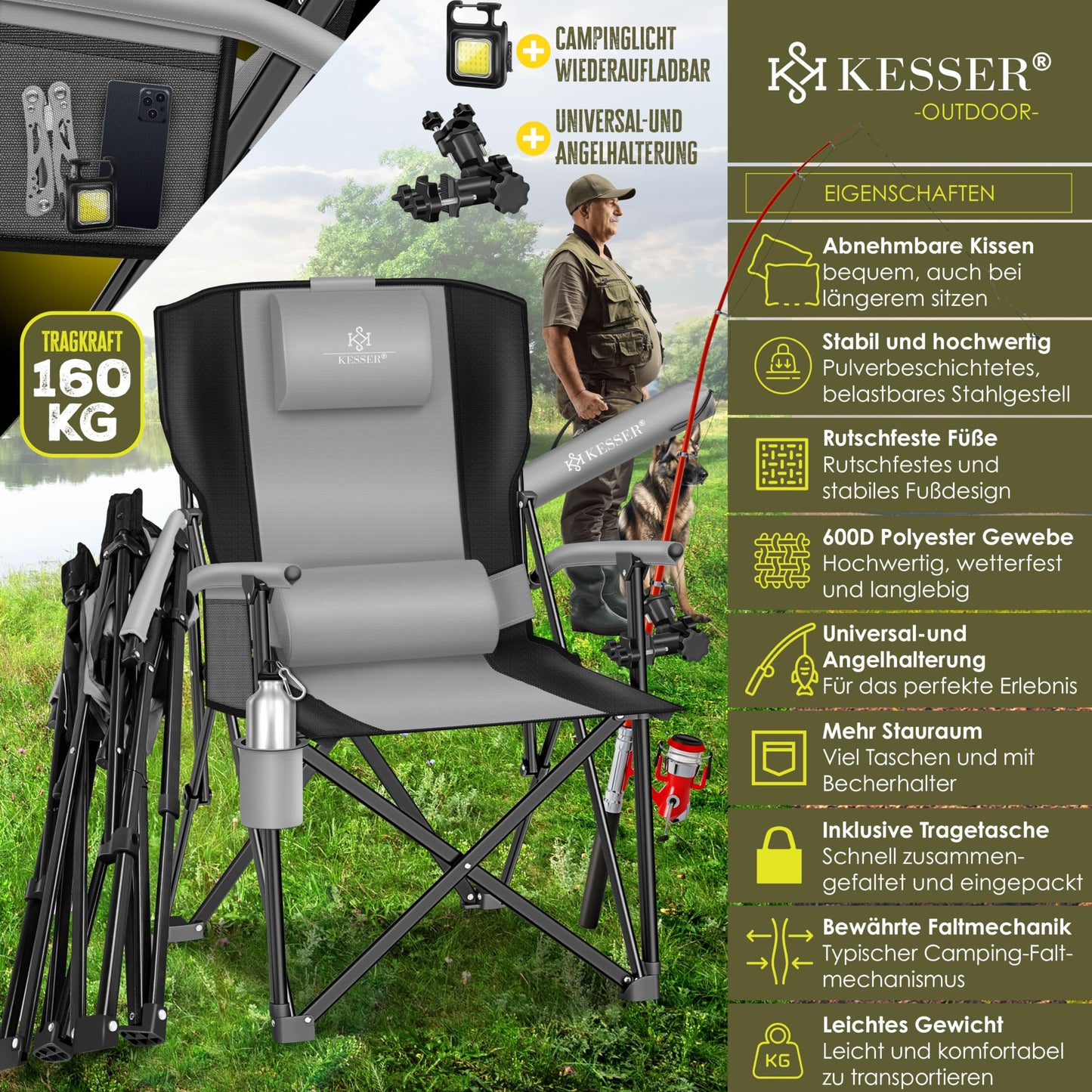 KESSER® Camping chair foldable up to 160 kg | Fishing chair Folding chair Padded with armrests | Camping light and cup holder + bag with high backrest | Beach chair with fishing rod holder