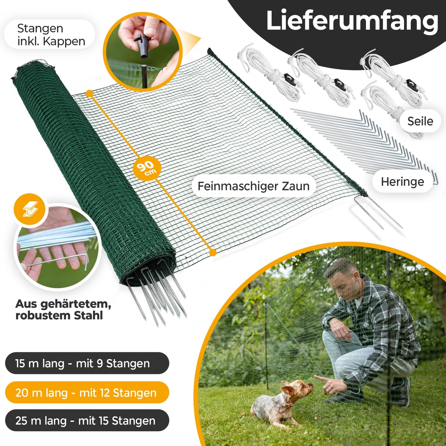 NATURIZยฎ Mobile Dog Fence & Pasture Fence 20m - Camping Fence for Dogs without Electricity, Boundary Fence, Garden Fence, Chicken Fence extremely stable, 90cm high (20m)