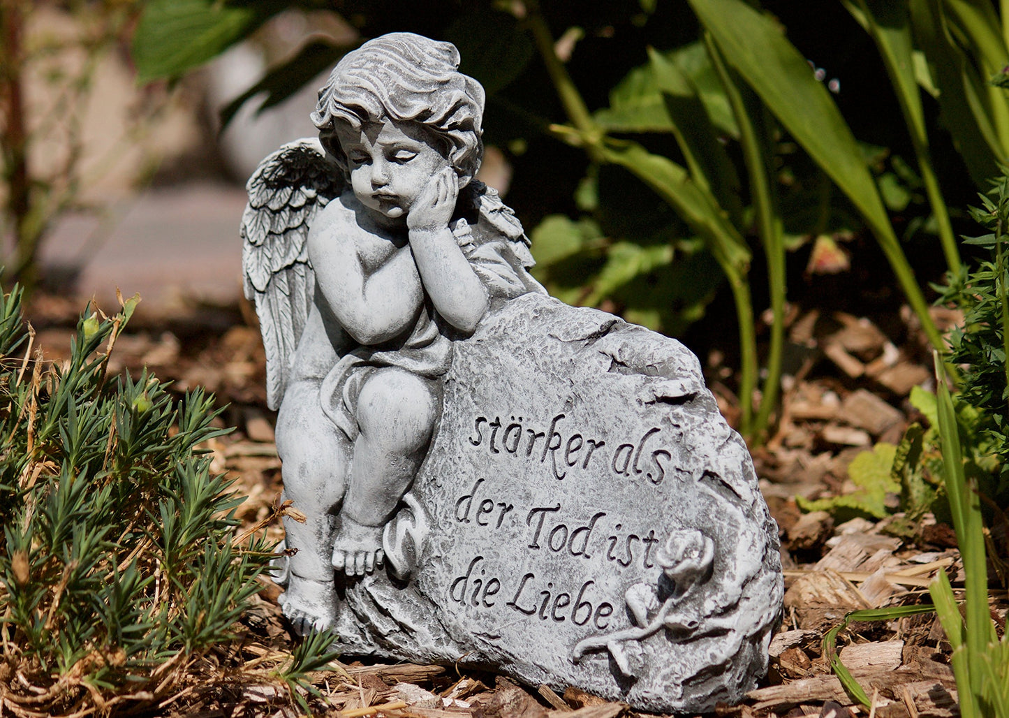 stoneandstyle grave decoration stone figure angel on rock with mourning saying, solid stone casting, frost and weather resistant