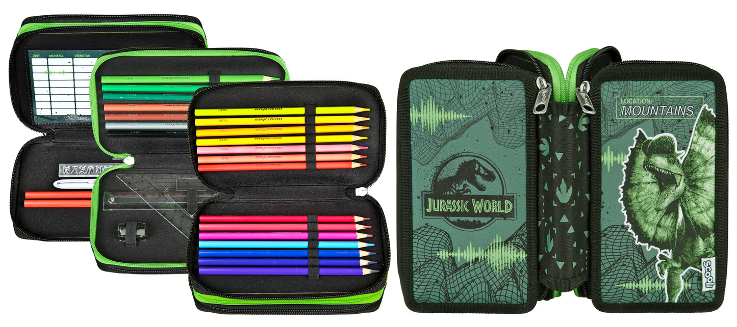 Schooli - Tripledecker student case Jurassic World - Large student case with high-quality pens - practical and functional - for school and on the go - high-quality material - for ages 6 and up