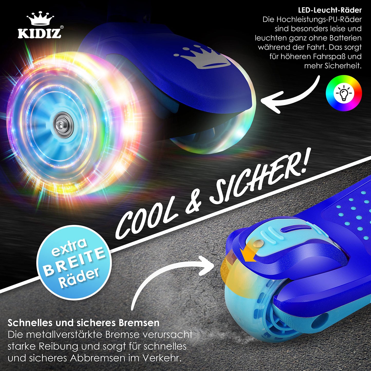 KIDIZ® Roller Kids Scooter X-Pro2 Trike Scooter with PU LED Light-Up Wheels Children's scooter foldable kick scooter adjustable height city scooter kids scooter for boys girls 3-12 years, Blue