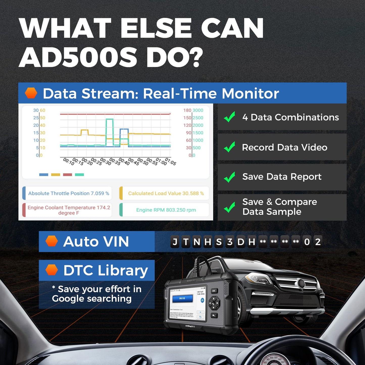TOPDON OBD2 Diagnostic Tool Auto AD500S, 4 diagnostics for ABS SRS engine and transmission, 5 service functions for oil, BMS, ABS, DPF, and throttle body adjustment, free lifetime upgrade.