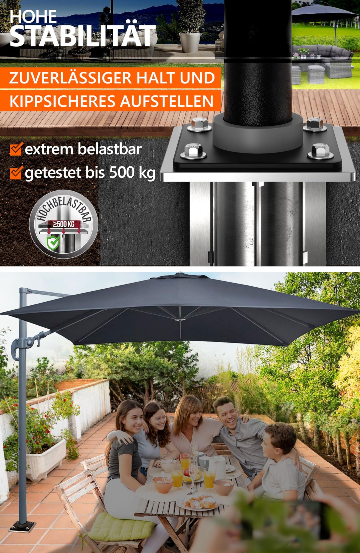 4smile Ground Sleeve Umbrella - Ground Anchor Cantilever Umbrella with base plate for embedding, Timeless quality - Universal Parasol stand Cantilever umbrella, load capacity up to 500 kg