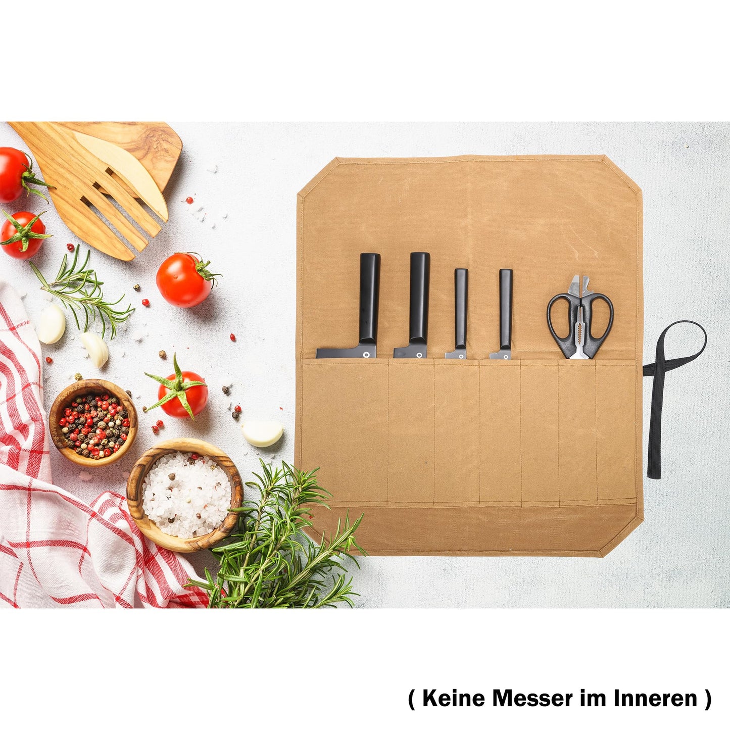 Professional chef knife roll, kitchen knife storage bag, waxed canvas, multi-purpose tool roll with 7 slots, khaki color.