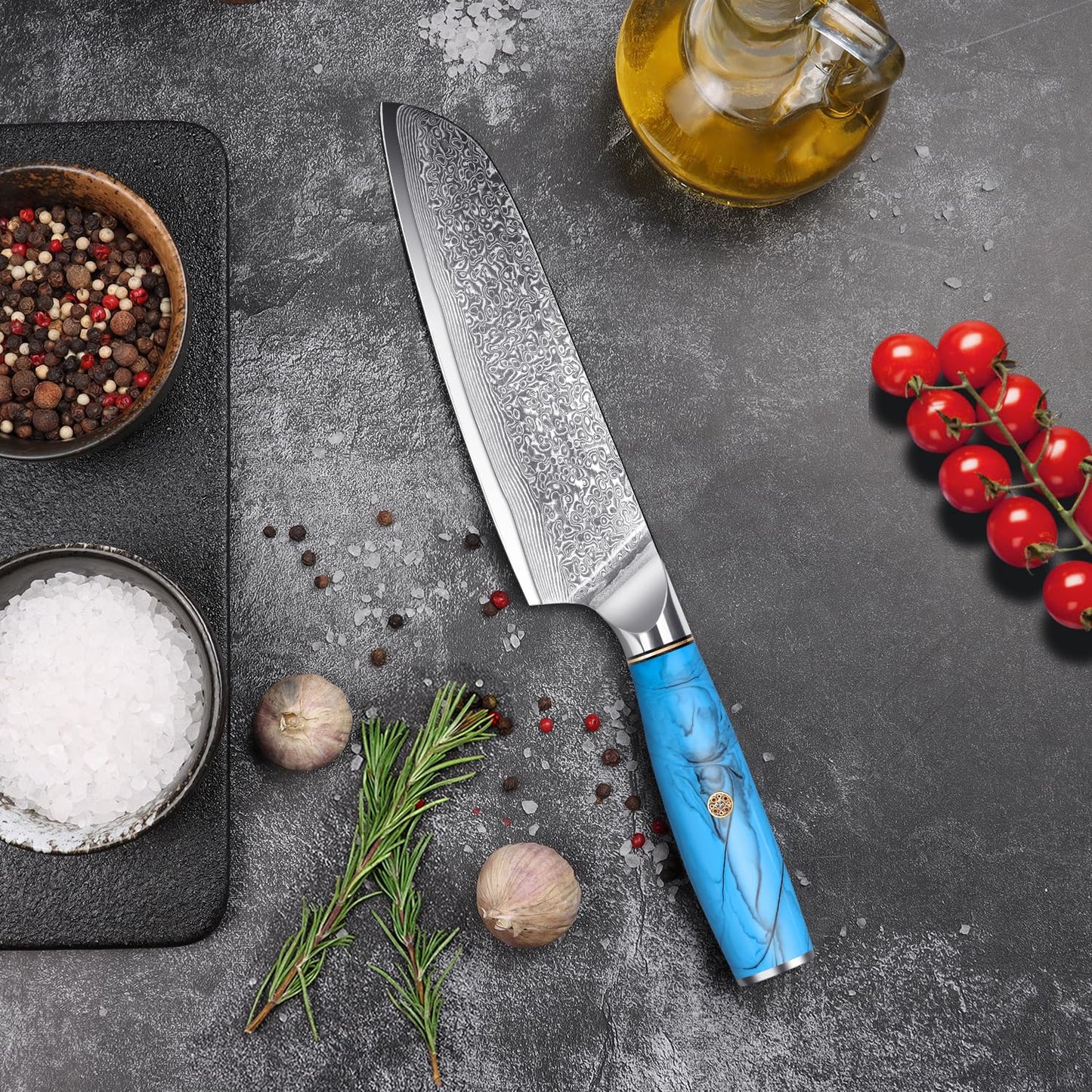 Home Safety Santoku Knife, Damascus Knife, Damascus Sushi Knife with Extremely Sharp 17.5 cm Blade Vegetable Knife made of 67 Layers of Vg-10 Damascus Steel Ergonomic Resin Handle, Gift Box