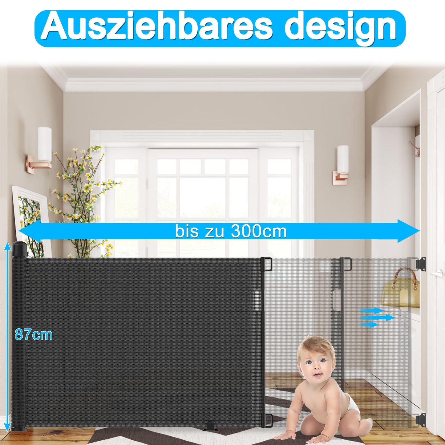 NAIZY door protection gate roller 0-300cm stair protection roller baby stair safety gate and dog door gate retractable door extendable dog barriers for indoor and outdoor - black