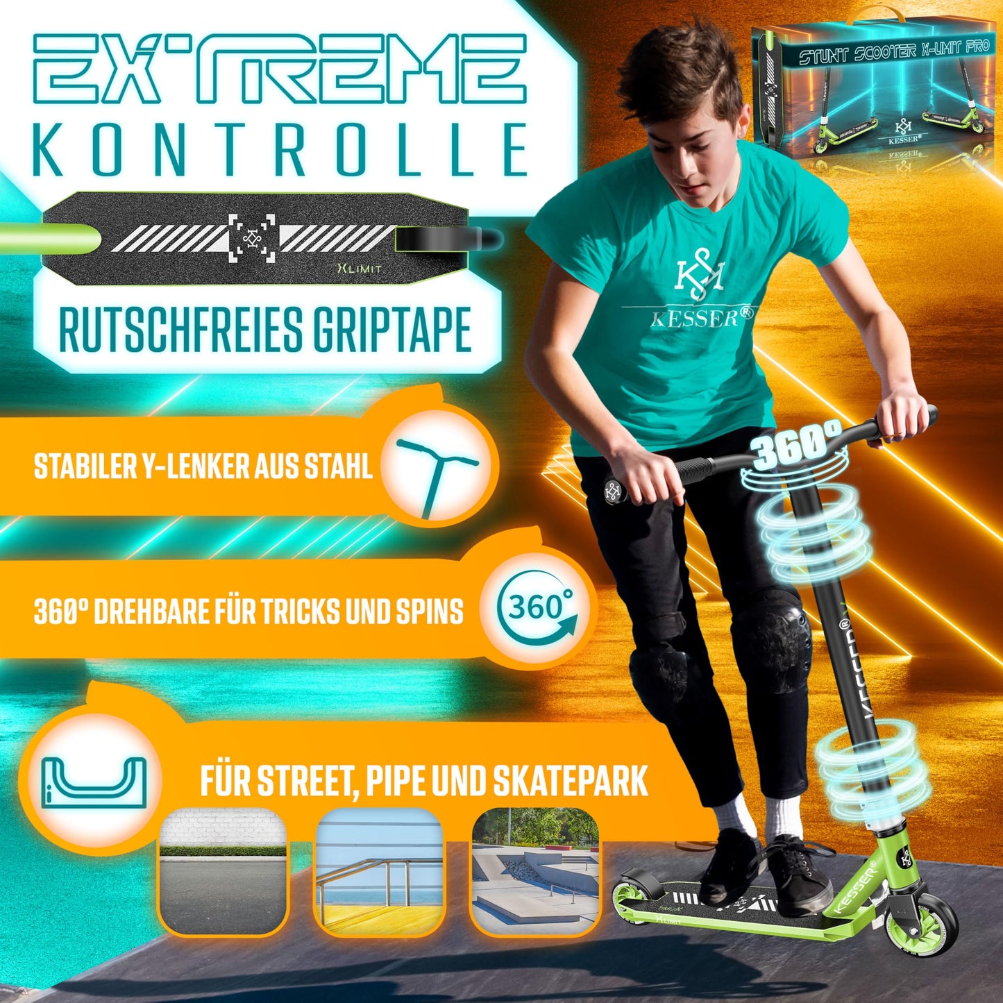 KESSER® Stunt Scooter X-Limit-Pro 360° steering fun scooter with stand, ABEC 9 bearings, 110mm PU wheels, kick scooter for children and adults.