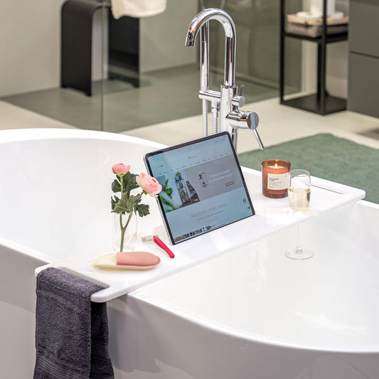 eluno bathtub tray with drink holder and tablet slot made of acrylic, approx. 90 cm (white/high-gloss)