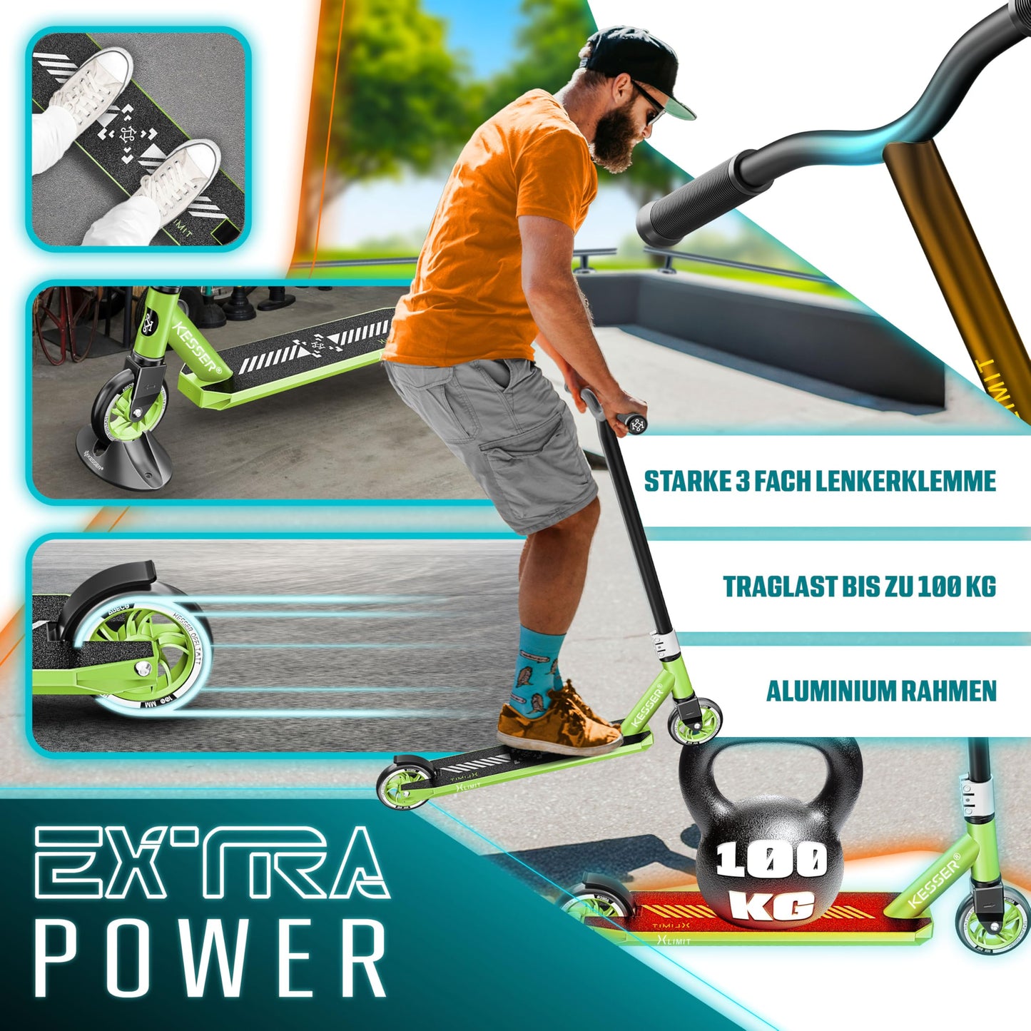 KESSER® Stunt Scooter X-Limit-Pro 360° steering fun scooter with stand, ABEC 9 bearings, 110mm PU wheels, kick scooter for children and adults.