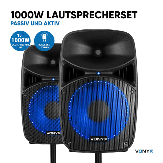 Vonyx VPS122A PA speaker set with stand and microphone, 1000 watts 12-inch LED active boxes, party box Bluetooth with tripods, USB, SD, MP3, PA system complete set, DJ speakers, tripod speaker set