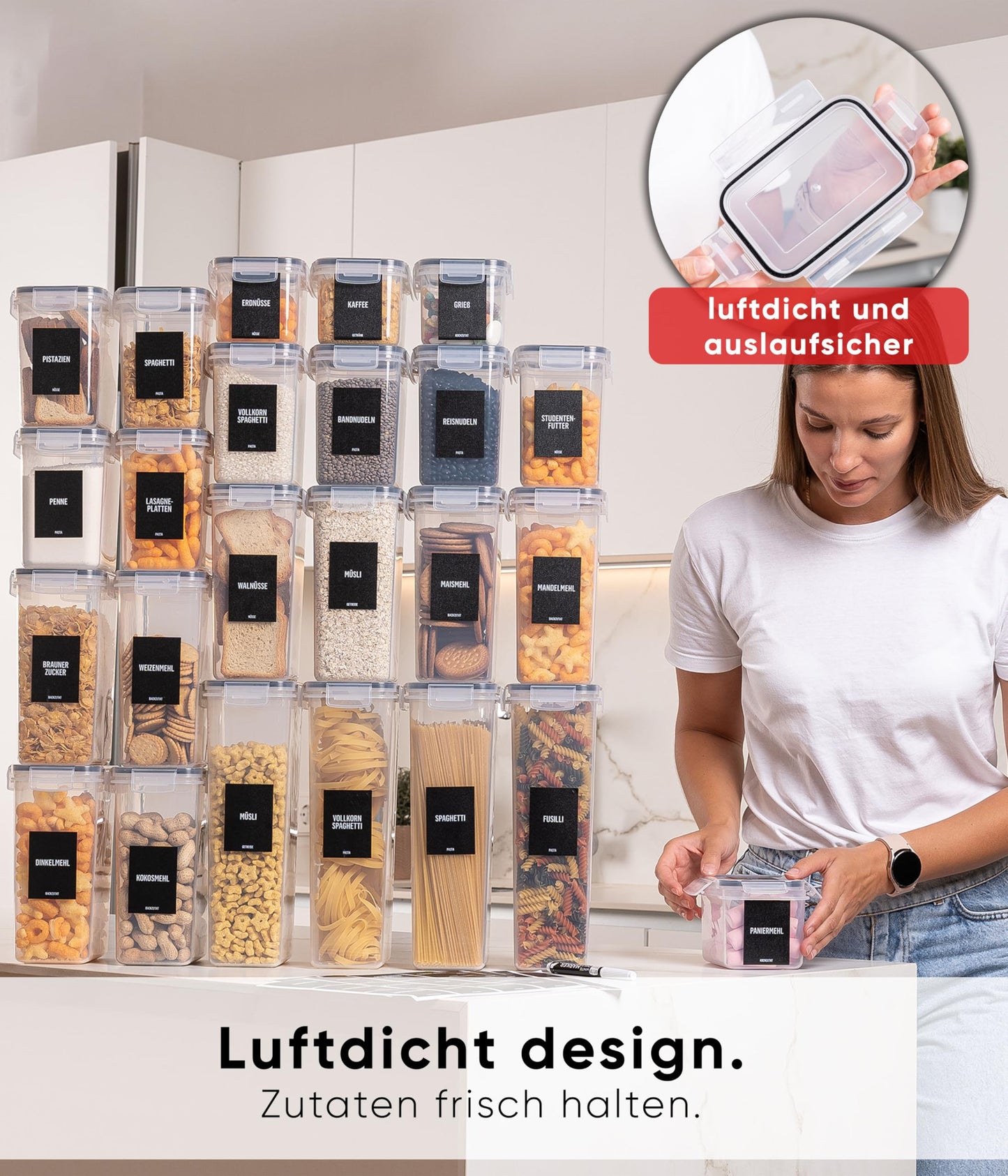 Deco haus® 24-piece set of airtight storage containers with lids - kitchen storage box with lid - kitchen storage containers for pasta, cereals, flour.