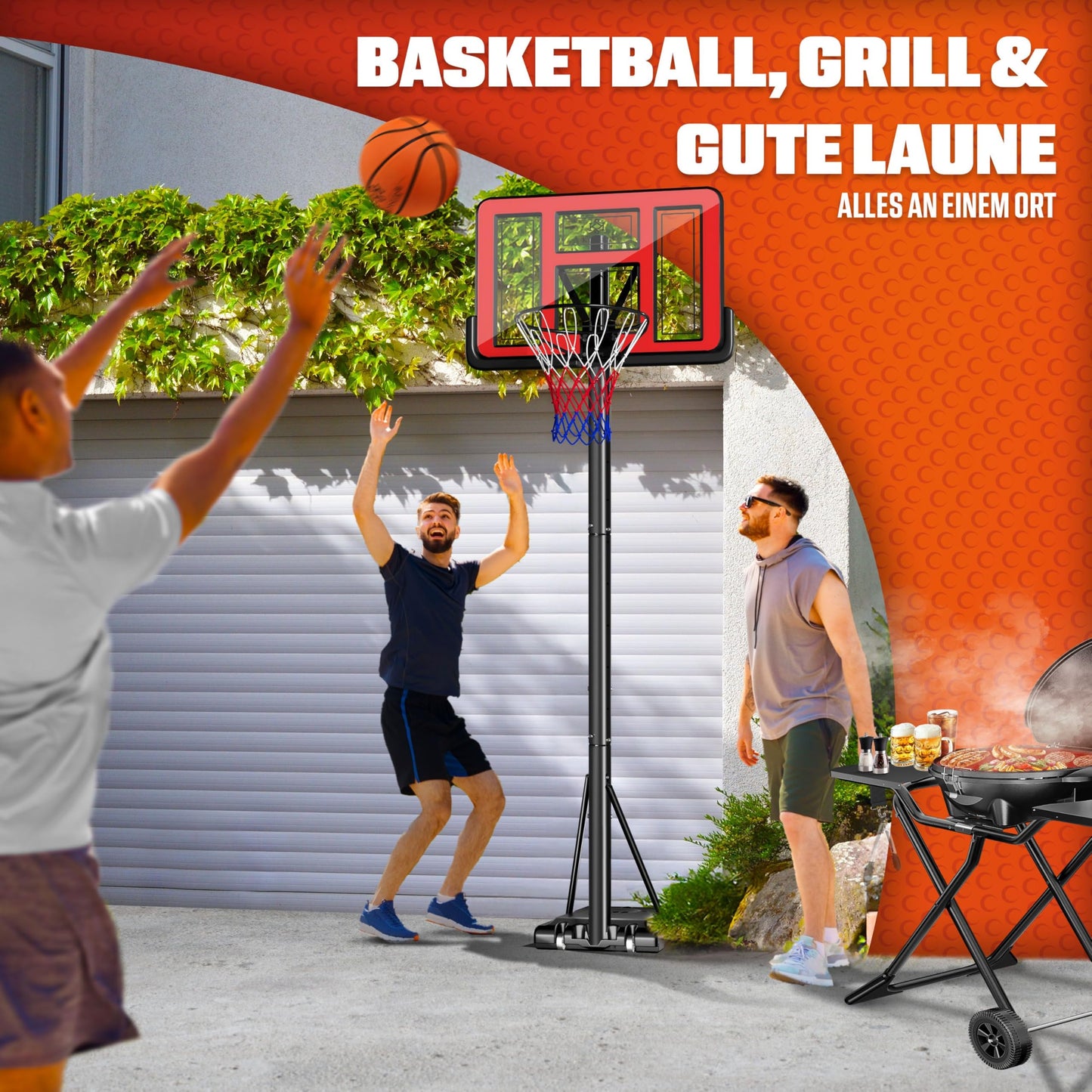 KESSER® Outdoor basketball hoop with stand & wheels Incl. 2x nets, basketball & pump | Basketball system adjustable hoop height 230 to 305 cm Hoop stand for adults & kids