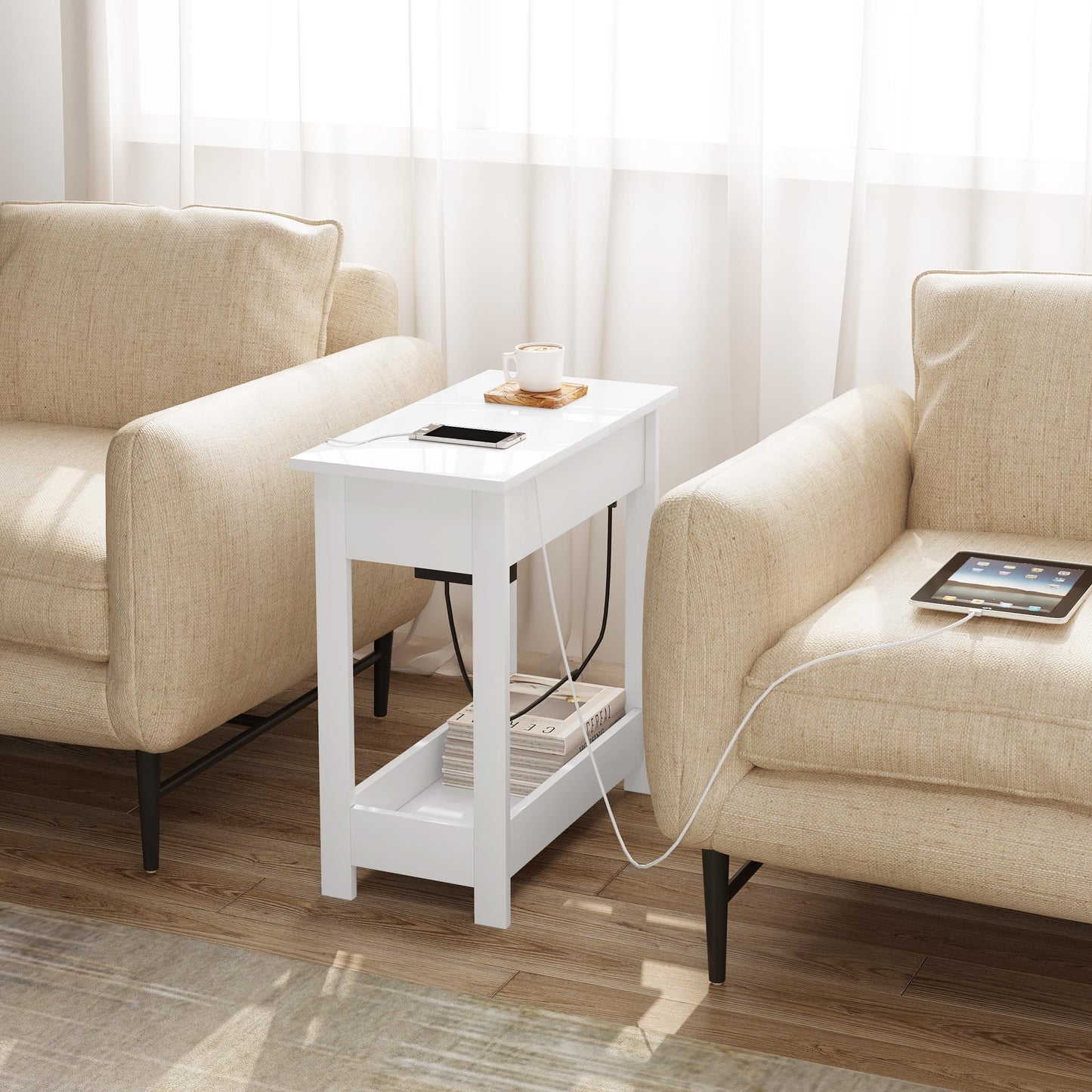 EUGAD Side Table, Bedside Table with Socket, Coffee Table, End Table, Console Table, Foldable Tabletop, 3 Shelves, for Living Room Bedroom Kitchen, White, 0001CHJ