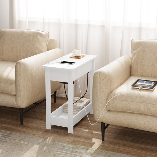 EUGAD Side Table, Bedside Table with Socket, Coffee Table, End Table, Console Table, Foldable Tabletop, 3 Shelves, for Living Room Bedroom Kitchen, White, 0001CHJ