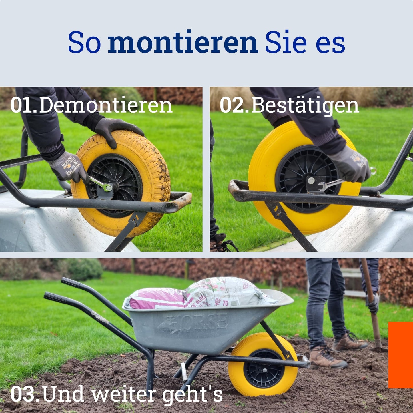 MESO® wheelbarrow wheel 4.80 4.00-8 Ø 400 mm with axle - solid rubber puncture-proof PU tire - wheel for wheelbarrow, garden cart - replacement wheel solid rubber tire plastic rim - 200KG load capacity