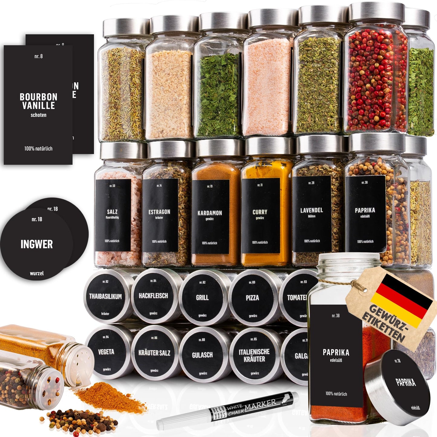 Deco house® Square Spice Jars with Spice Labels, Set of 36 - Spice Containers with Shaker Inserts - Spice Jars Set Spice Containers Spice Storage - Spice Jars Spice Shakers Glass