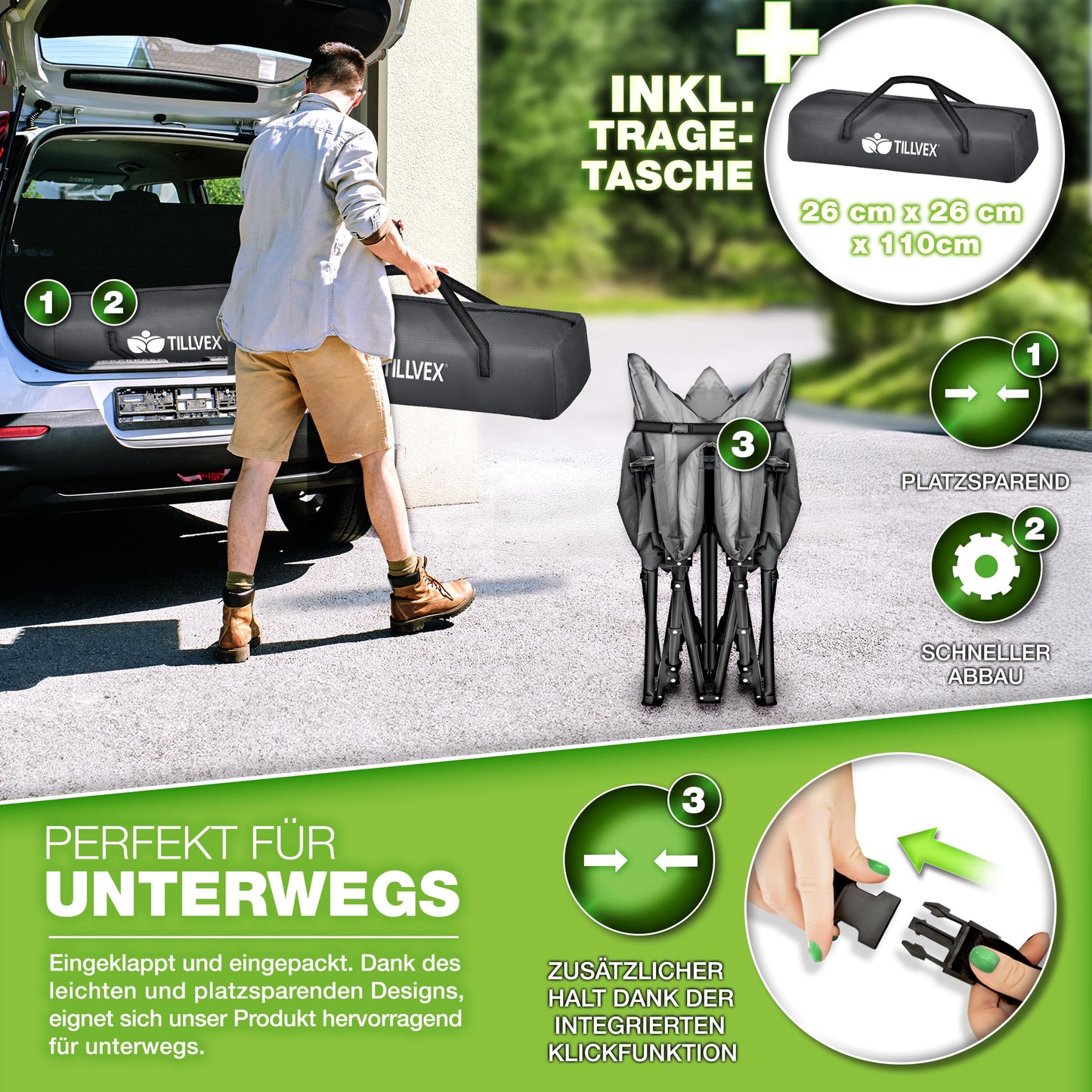 tillvex® Folding Camping Bed with Carry Bag, supports up to 200 kg. Extra wide sleeping cot for outdoor & indoor use. Perfect for camping, fishing, festivals, and travel. Foldable guest bed for the garden.