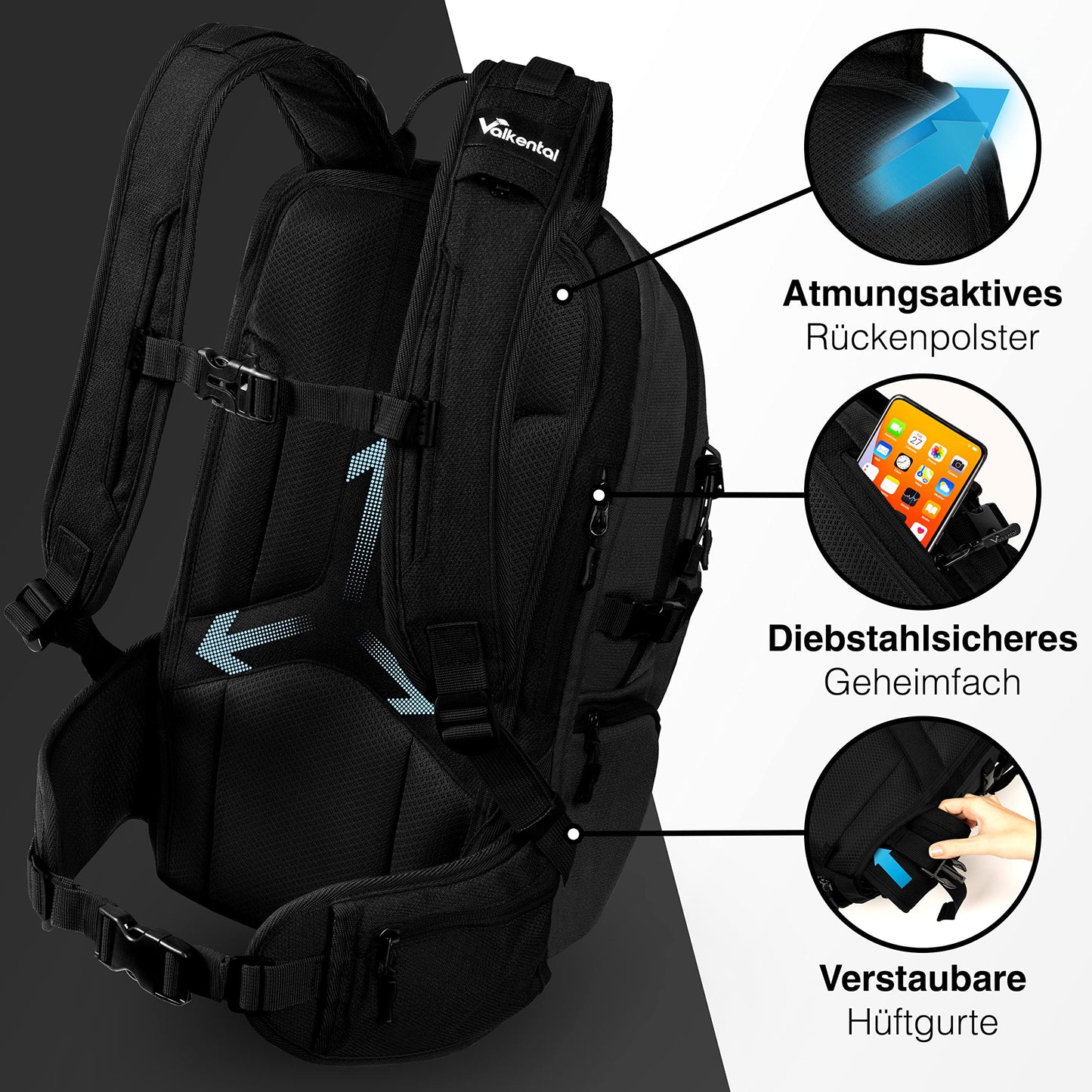 Valkental - Innovative backpack with perfect organization (22L) Expandable volume (No sweating) Hiking backpack, trekking backpack, cycling backpack & outdoor backpack - Waterproof & Reflective
