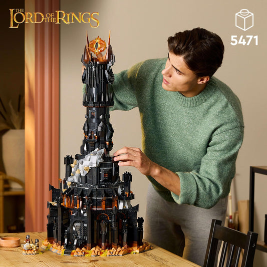 LEGO Icons The Lord of the Rings: Barad-dûr, adult building set featuring minifigures Sauron, Gothmog, Orc, Frodo, Sam, and Gollum. A film collectible and fan favorite. Item 10333.