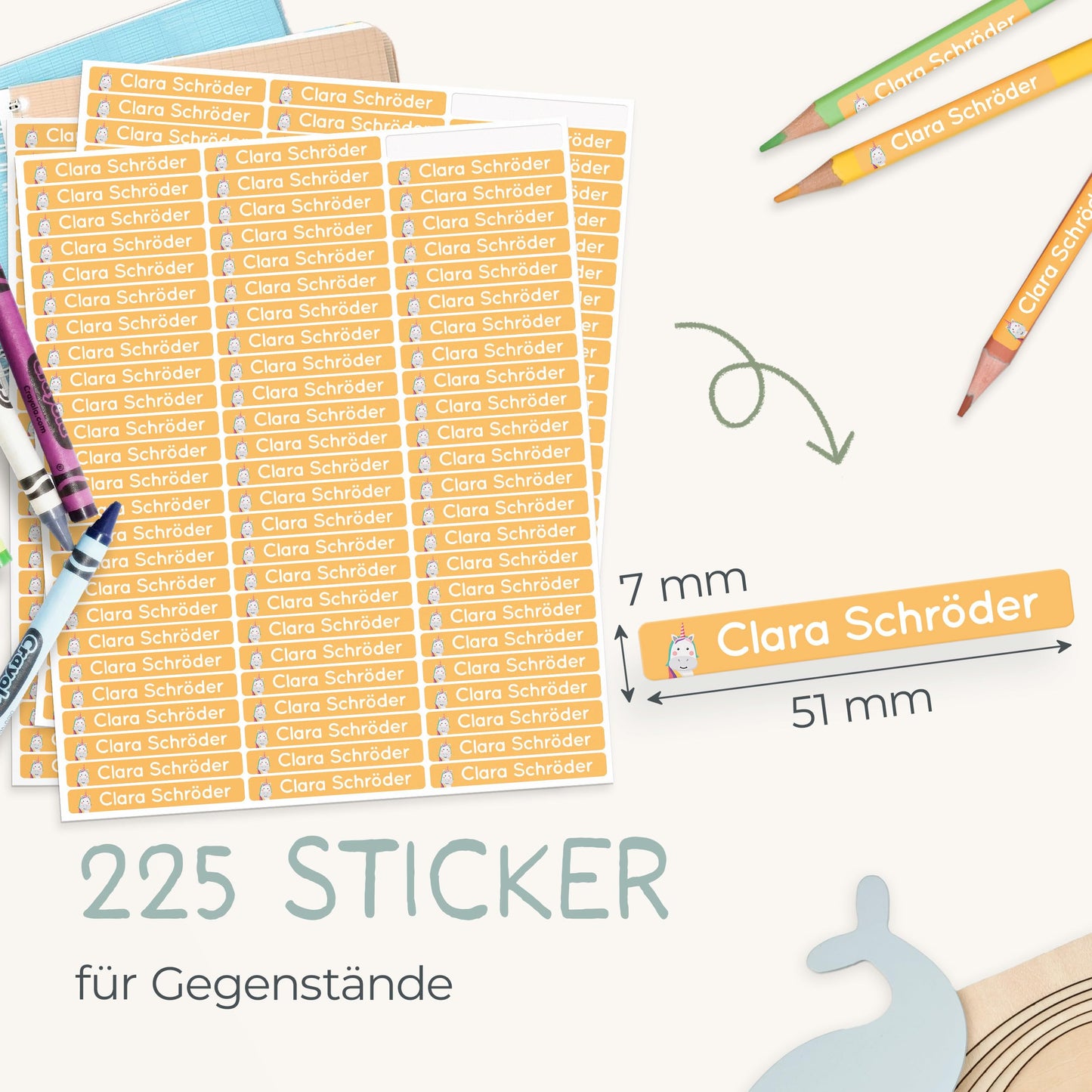 melu kids® name stickers for school & daycare (225 pieces) - personalized stickers with names for pencils and all school supplies - waterproof in dishwasher (orange)