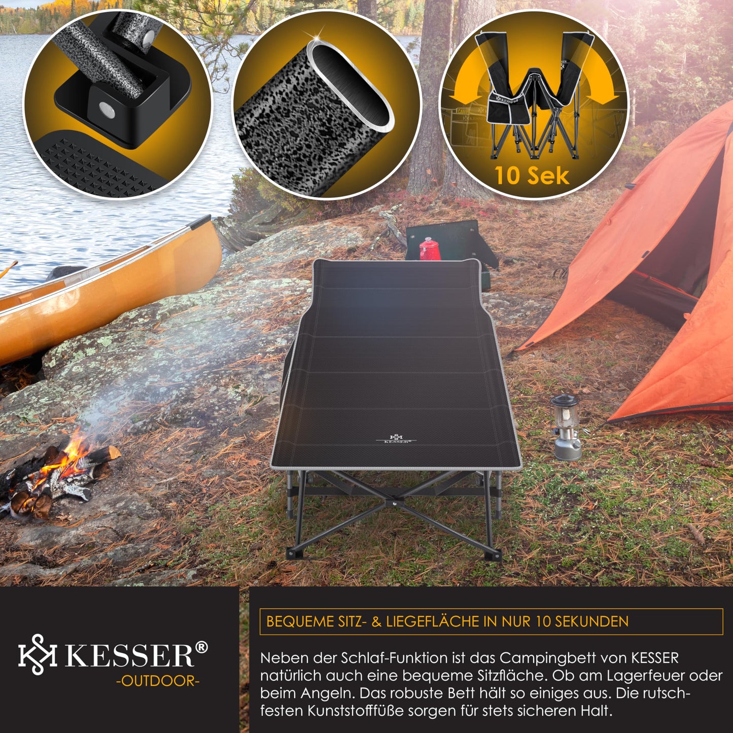 KESSER® Folding Camping Bed with Carry Bag + Side Pocket 210 x 74 x 35cm, supports up to 250kg. Made of sturdy metal frame and 600D Oxford fabric. Portable and comfortable for travel.