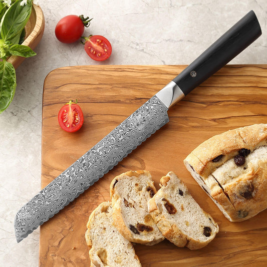 Zayiko Black Edition Damascus Bread Knife I 20 cm serrated blade made of 67 layers of Damascus steel I ergonomic Pakka wood handle I professional kitchen knife for bread, crusts & baked goods I comes in an elegant gift box.