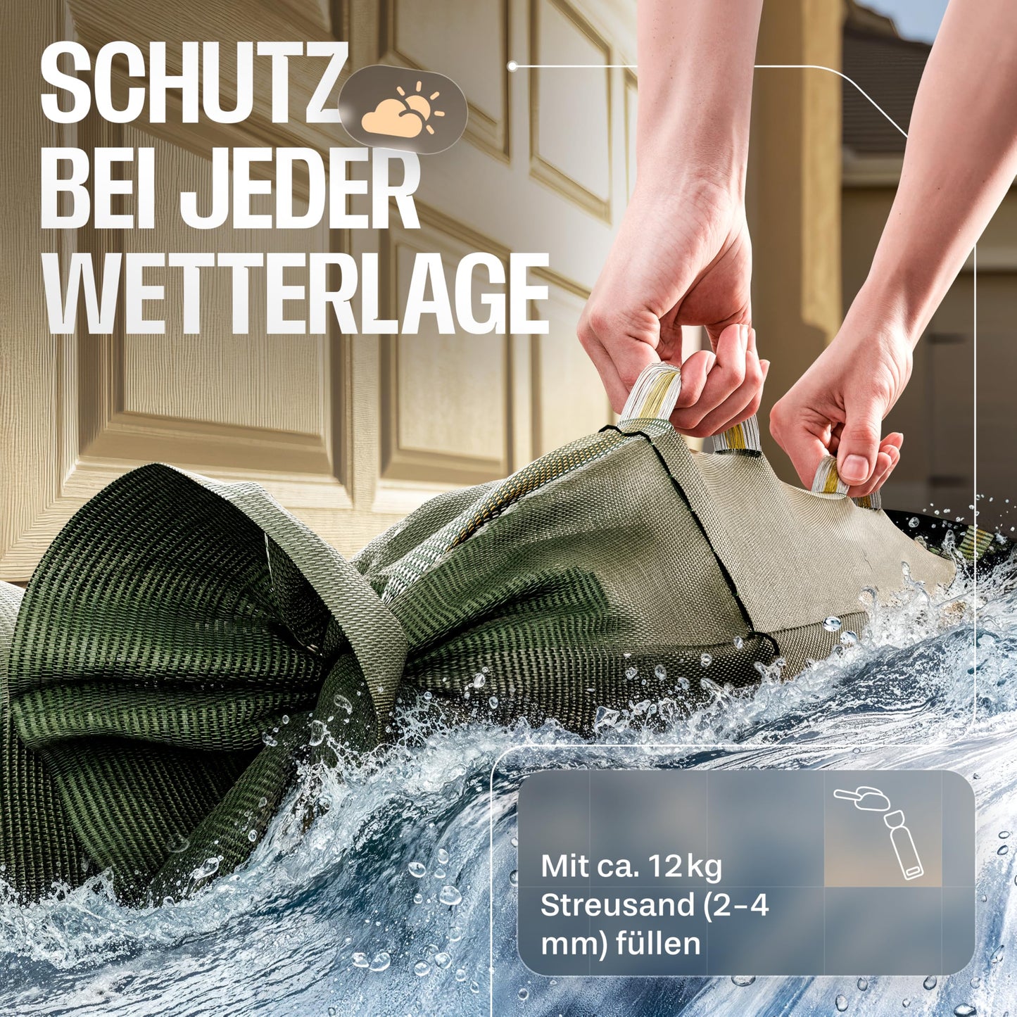 20x sandbags suitable for flood protection, 25cm x 100cm with handles, drawstring, and carrying straps. Ideal for filling with sand, made of UV-resistant high-quality monofilament fabric.