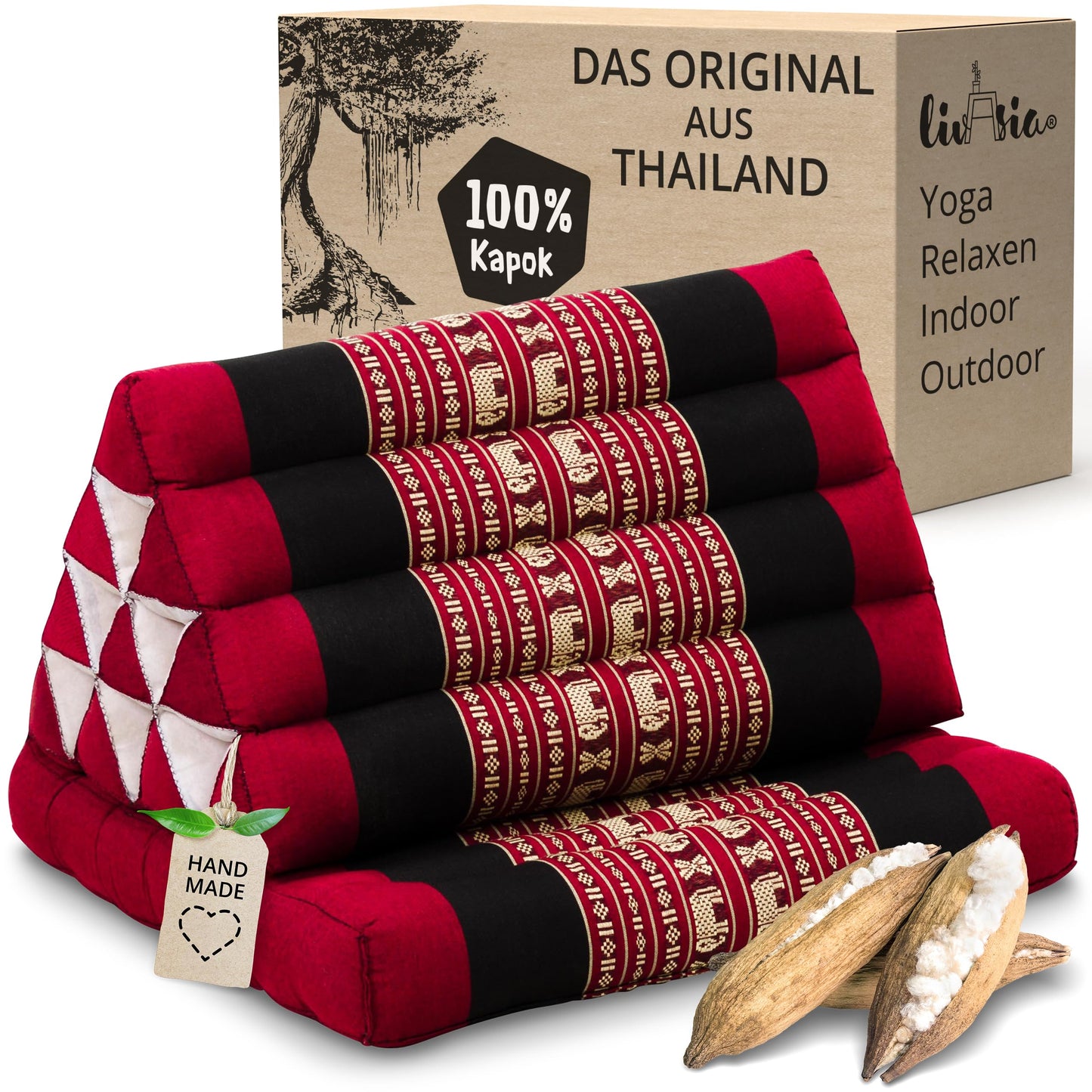 Livasia Thai pillow with 1 pad - 75x50x8cm - triangle pillow with seat cushion, wedge pillow with kapok, foldable back pillow, Thai mat for folding, handmade, meditation pillow (red/elephants)