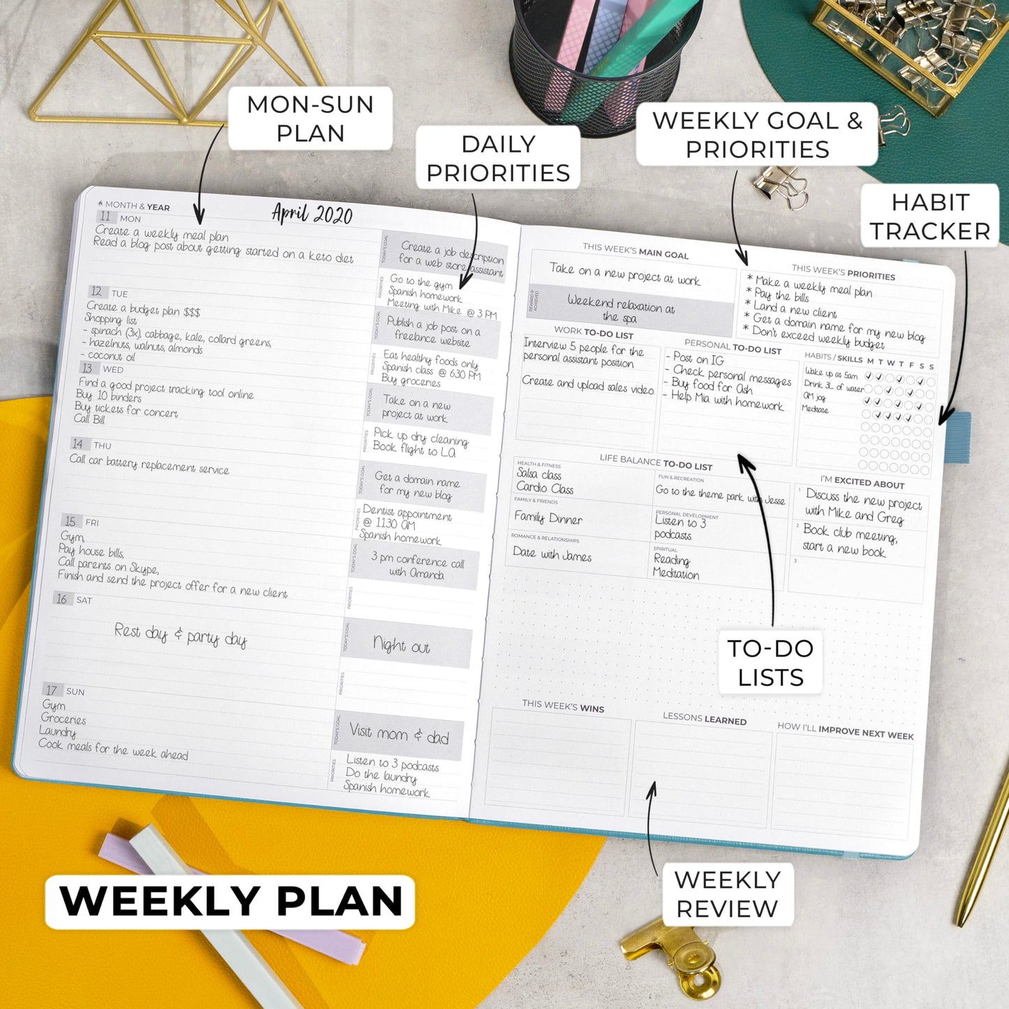 Clever Fox Planner PRO Premium Edition - Luxurious weekly and monthly planner + budget planner for productivity and goal achievement, undated, storage box, lasts 1 year, Aquamarine
