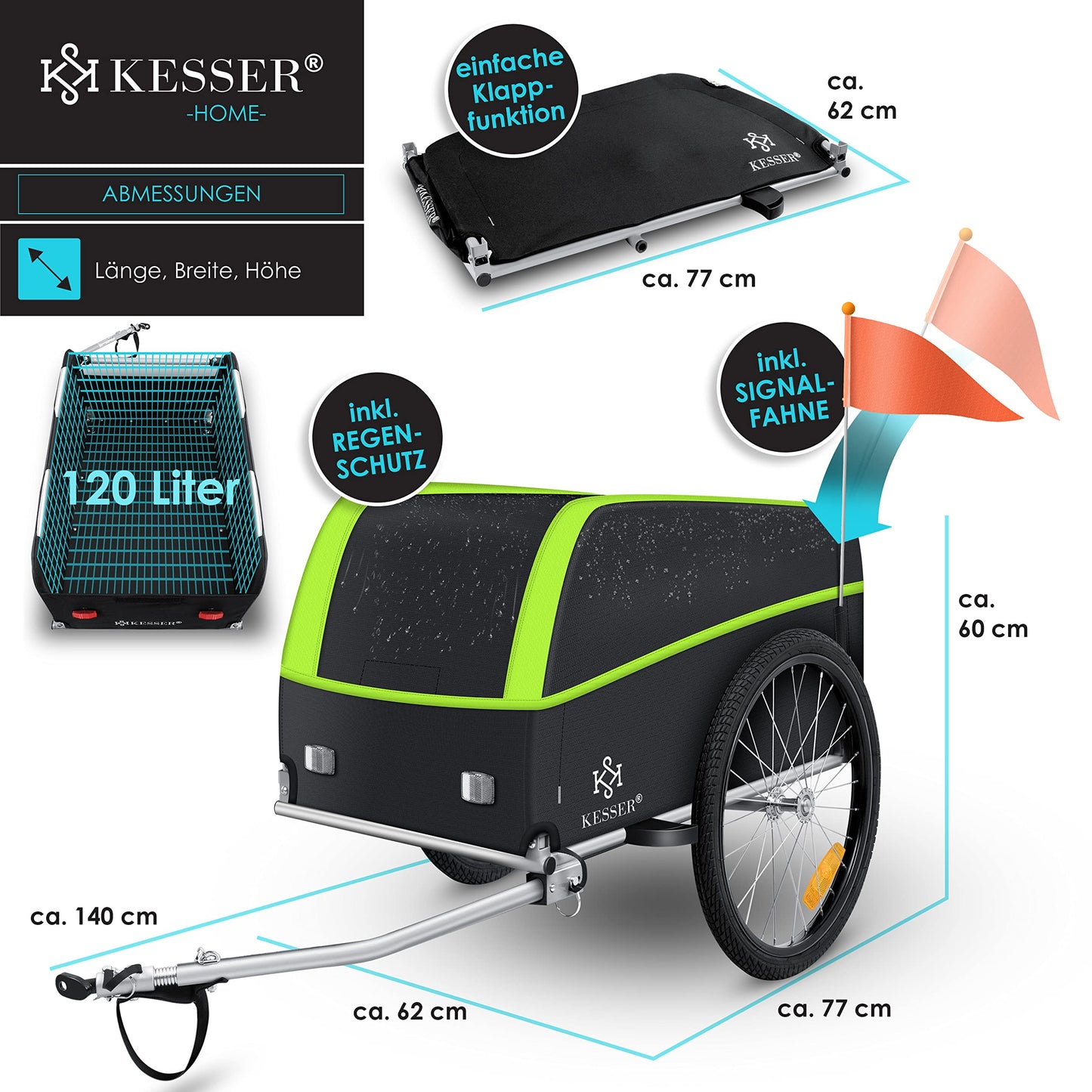 KESSER® bicycle trailer cargo trailer transport trailer high drawbar with coupler, incl. cover folding function high drawbar attaches to bicycle transport box with 120 liters max. 40 kg light green