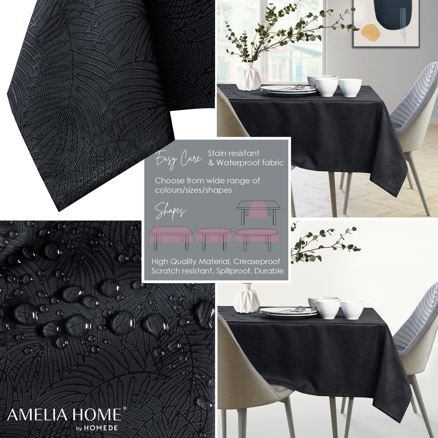 AmeliaHome tablecloth 140x300 cm Tablecloth Tablecloth Stain protection Lotus effect Washable Water repellent Ornament Gaia Black