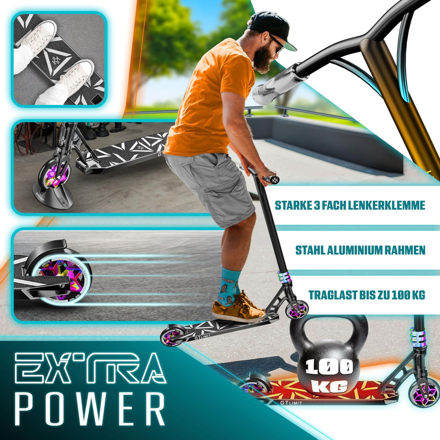 KESSERยฎ Stunt Scooter GT-Limit 360ยฐ steering fun scooter stunt scooter with stand ABEC 9 bearings, 110 mm PU wheels, kick scooter push scooter trick roller for kids adults.