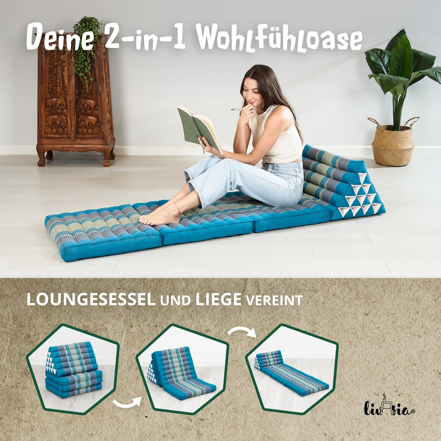 livasia Thai cushion 3 layers extra high - 185x55x8cm - triangular cushion with folding mattress, kapok, jumbo backrest pillow foldable, Thai mat folds, handmade, meditation cushion (light blue)