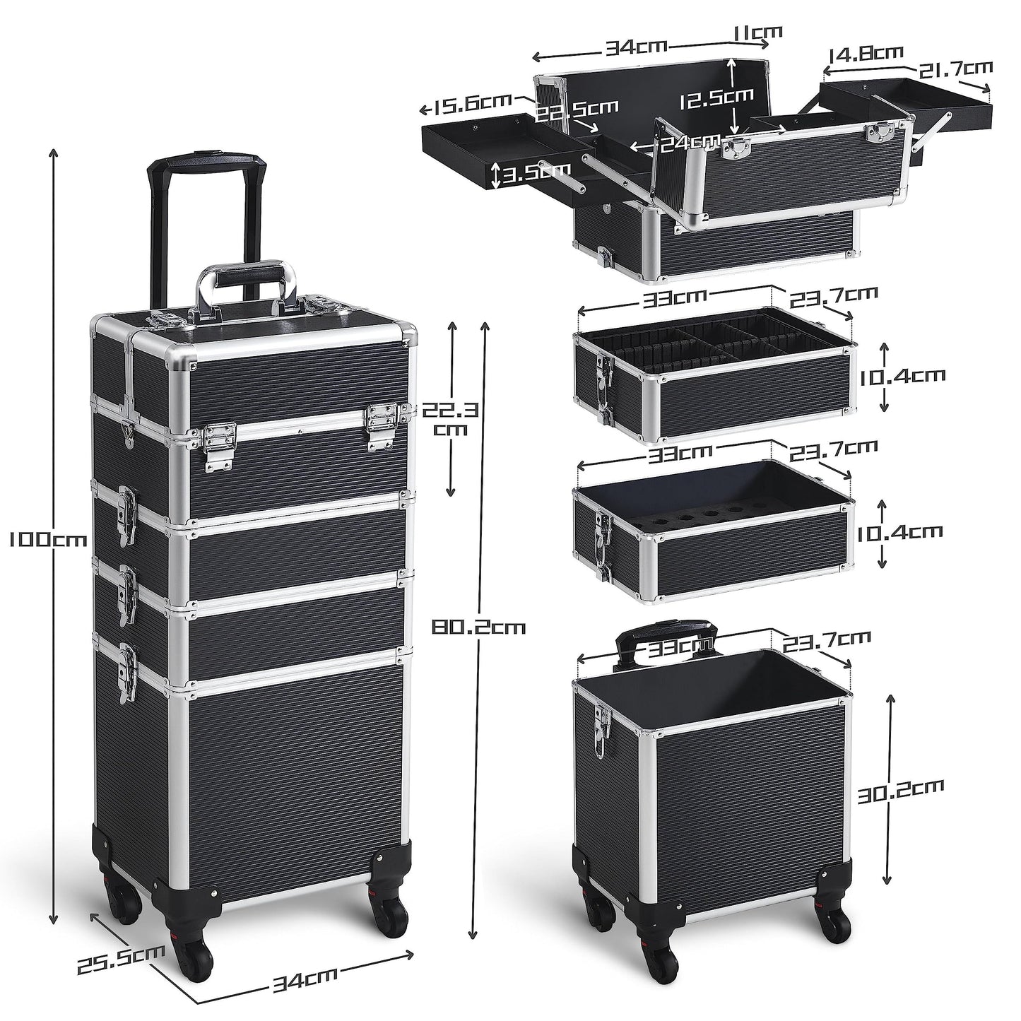 Yaheetech 5-in-1 hard shell cosmetic case, lockable makeup case, large hairdresser case with 360° rotating wheels, ample storage