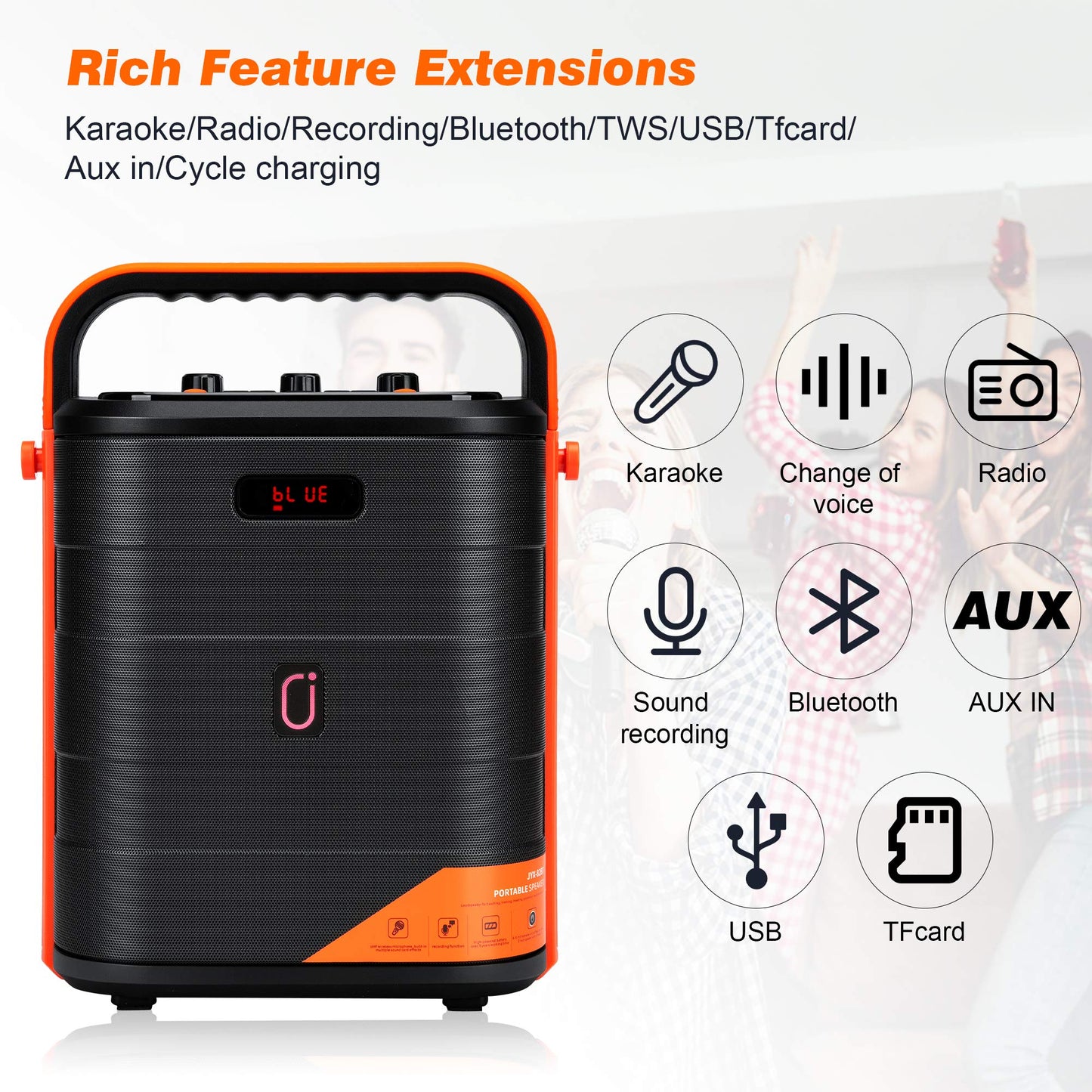 JYX Karaoke machine with wireless microphone, Bluetooth speaker system supports TWS, AUX, FM radio, Rec, TF, USB for parties, indoor/outdoor.