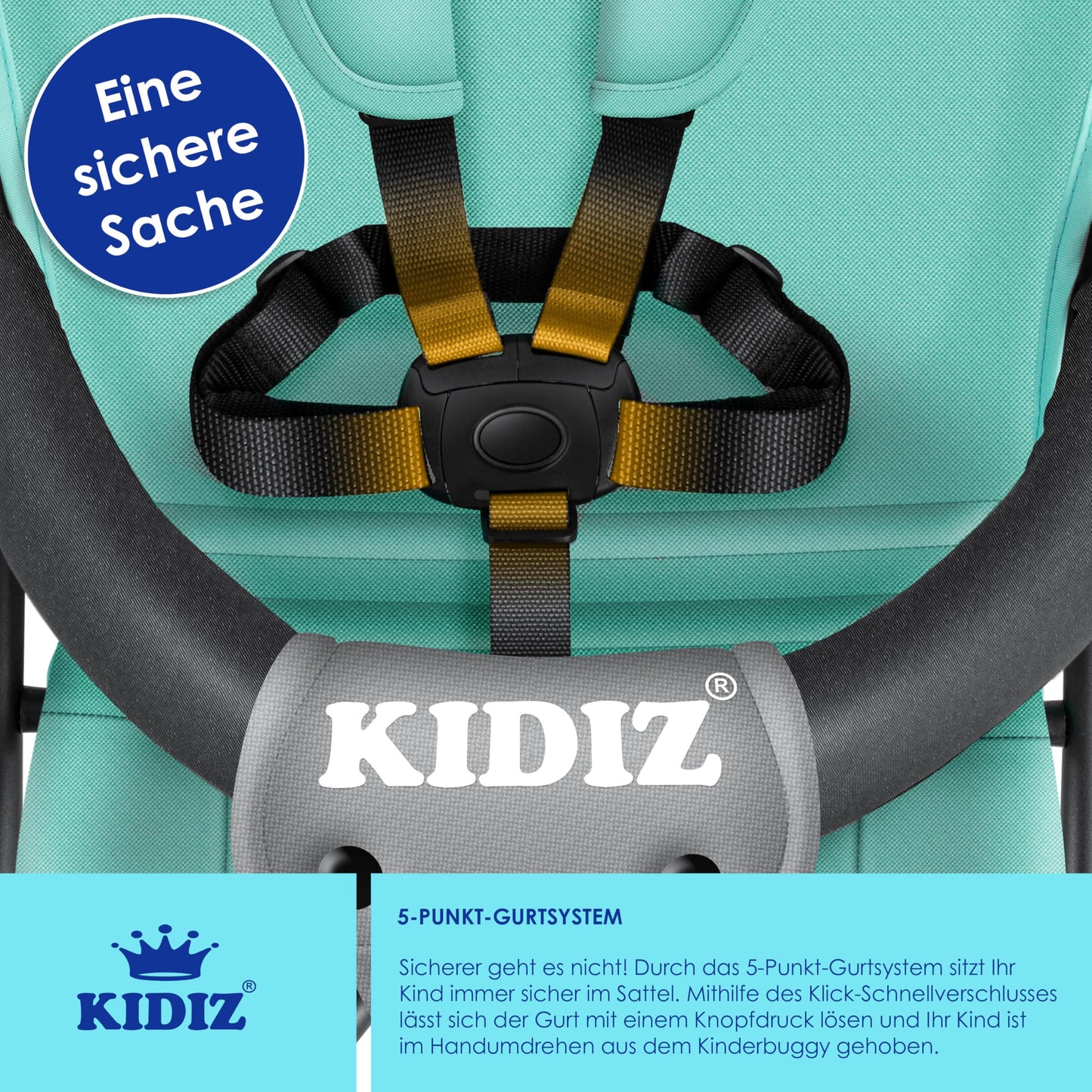 KIDIZ® City Buggy is a foldable sports stroller with 360° swivel 4-inch wheels, sun and rain covers, and a 5-point safety harness. Suitable for kids over 6 months, in mint green.