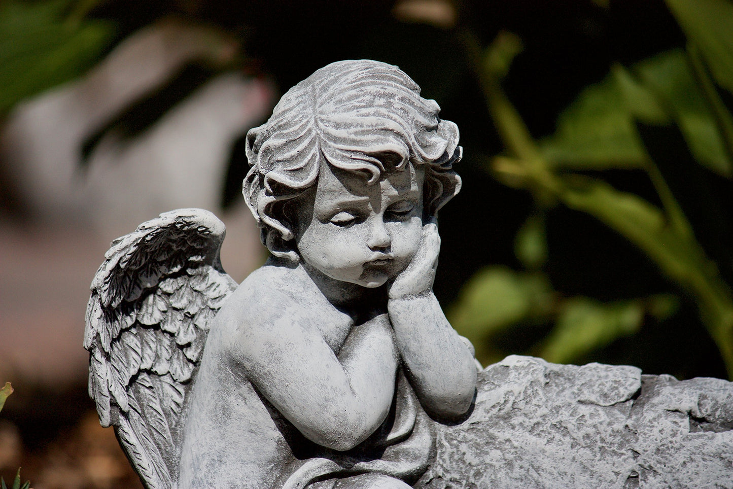 stoneandstyle grave decoration stone figure angel on rock with mourning saying, solid stone casting, frost and weather resistant