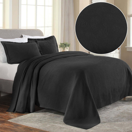 Superior 3-piece cotton bedspread set with paisley pattern, home decor, decorative bedspread, 2 pillow shams, medium weight coverlet, matelassé design, vintage floral print, full size, black.
