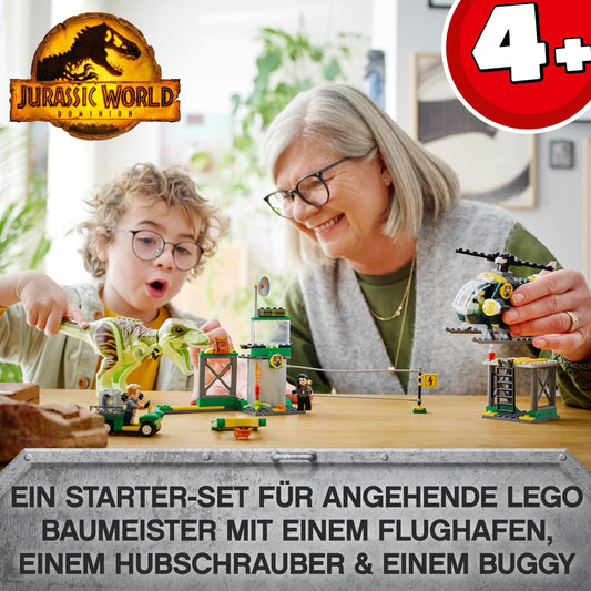 LEGO Jurassic World T. Rex Escape, dinosaur toy for ages 4+, set includes large dino figure, helicopter, airport, and toy car, perfect gift for Jurassic Park movie fans 76944
