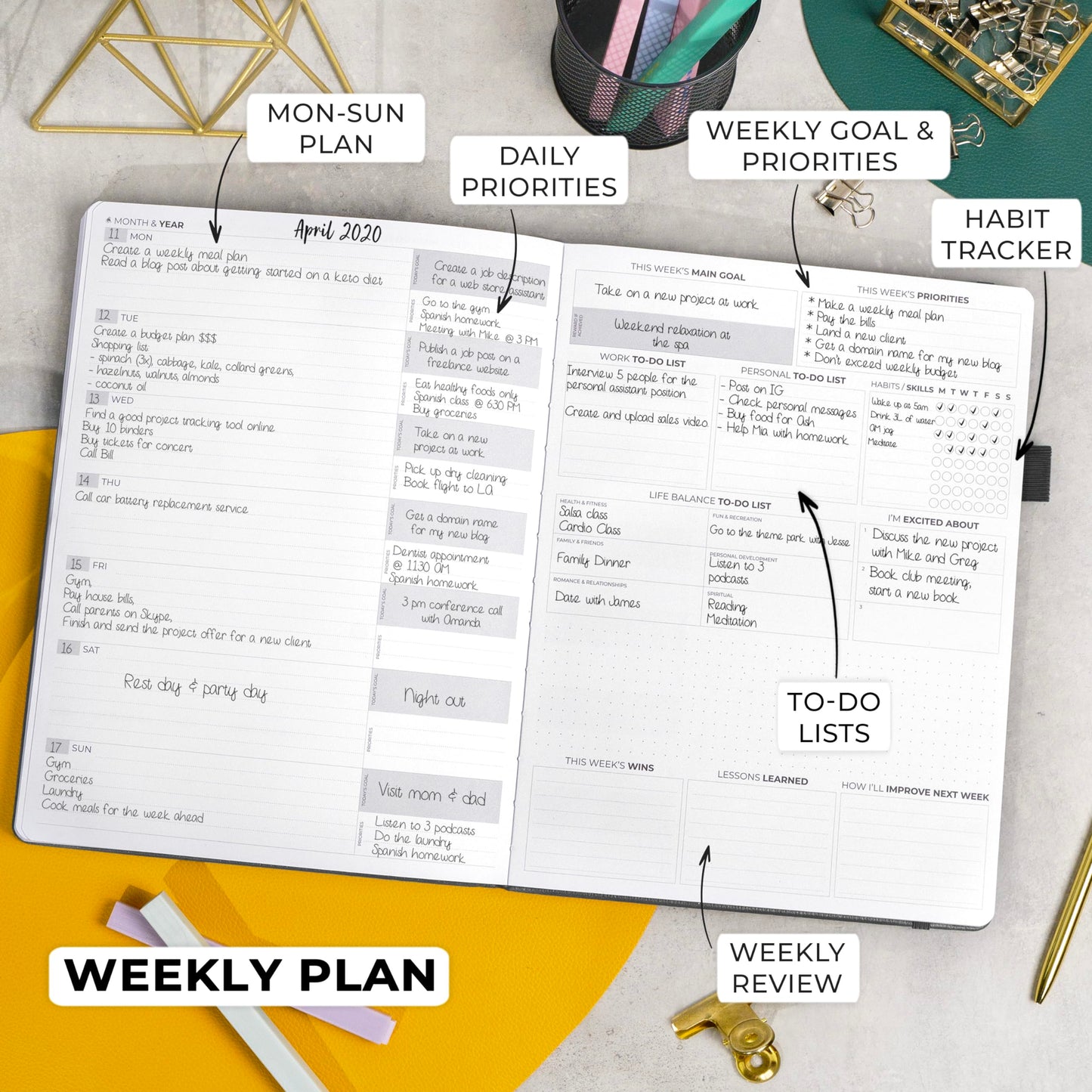 Clever Fox Planner PRO Premium Edition - Luxurious weekly and monthly planner + budget planner for productivity and goal achievement, undated, storage box, lasts for 1 year, Silver Black