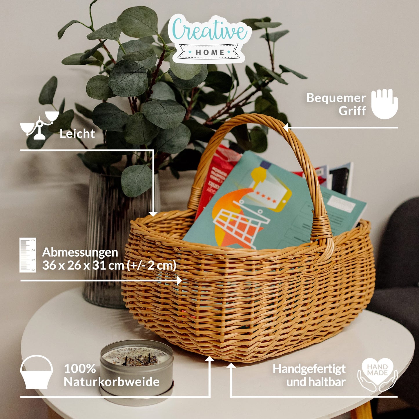 Creative Home shopping basket woven with handle picnic basket | 36 x 26 x 31 cm (+/- 2 cm) | Handmade | Natural brown | Versatile and durable Large woven Easter basket