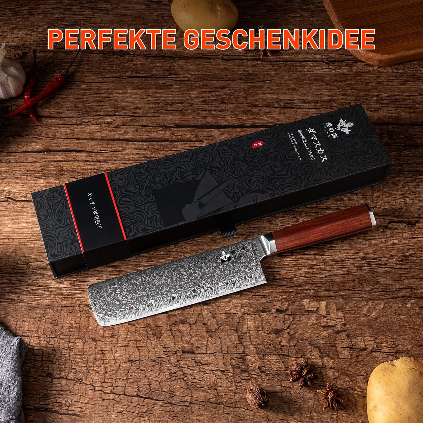 FUJUNI Nakiri Knife Cleaver Knife Damascus Kitchen Knife With Extremely Sharp 17.5 cm Blade Made of 67 Layers Vg-10 Damascus Steel Chinese Chef's Knife, Wooden Handle, Gift Box